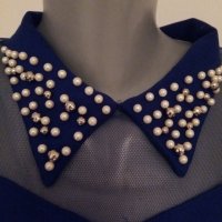  дамска блуза с перли на яката синя, снимка 2 - Блузи с дълъг ръкав и пуловери - 23366534