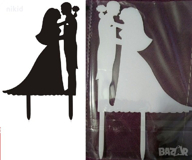 Младоженци с букет твърд Акрил черен бял топер украса табела за сватбена сватба торта, снимка 1