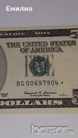 $ 5 Dollars STAR W/ONLY 6 DIGIT. 1999 F.R CHICAGO. UNC, снимка 1 - Нумизматика и бонистика - 18184781