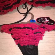 Комплект черен с червени дантелки-сутиен+бикини, снимка 5 - Бельо - 13731492