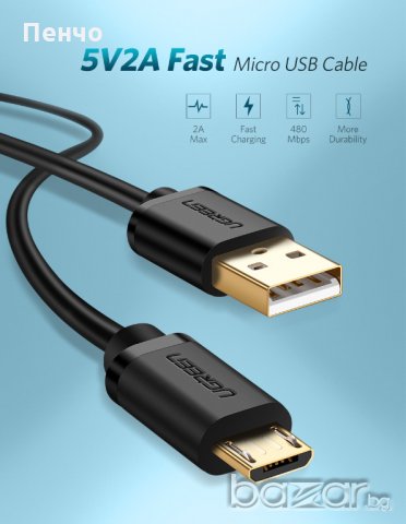 Микро USB зареждащ кабел с позлатени метални букси 2A Бързо зарядно за данни за мобилен телефон GSM , снимка 3 - USB кабели - 21422882