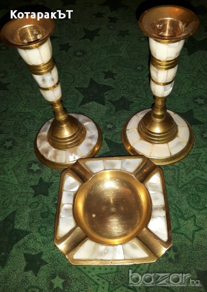 Свещници и Пепелник - Масивен Месинг със Седеф! ЛОТ - 3 бр., снимка 1