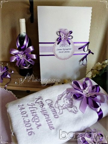 Комплект за кръщене в светло и тъмно лилаво с пеперуди, снимка 4 - Подаръци за кръщене - 16187976