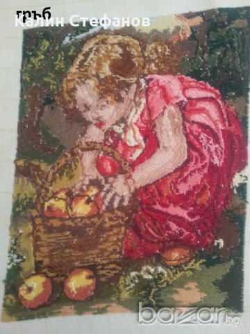  гоблен Момиче пълни кошница с плодове 21см на 17 см, снимка 4 - Гоблени - 18440392