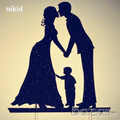 Мъж жена и момченце момче семейство черен мек брокатен топер на клечка за украса торта сватба декора, снимка 2 - Други - 20551120