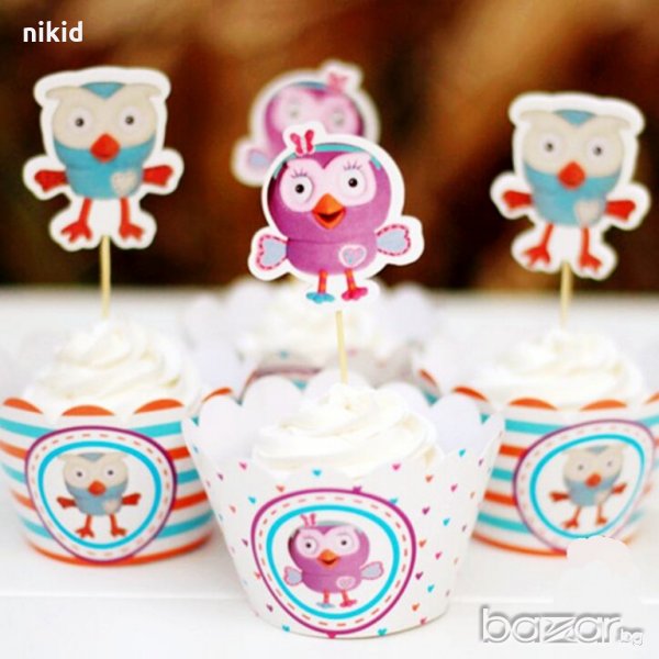 12 бр Бухалчета топери и кошнички украса декорация за мъфини кексчета торта и парти, снимка 1