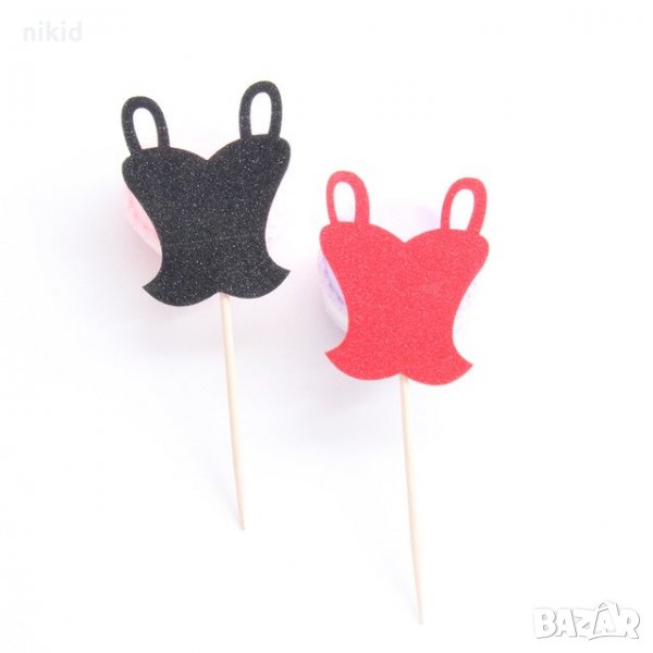 10 бр червен черен корсет брокатен топер топери клечки декор мъфини кексчета моминско ергенско парти, снимка 1