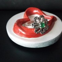 Сребърен пръстен цвете стествен камък и марказити, снимка 2 - Пръстени - 25539140