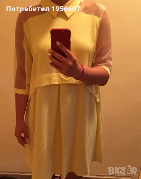 Уникална жълта рокля с прозрачен тюл на ръкавите, снимка 1