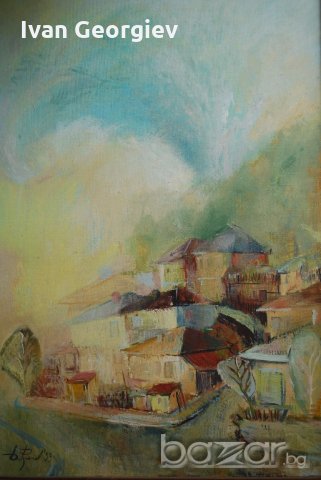 Голяма стара картина, пейзаж, Б.Русенов, 1993 г., 105х72 см., снимка 2 - Други ценни предмети - 18616110