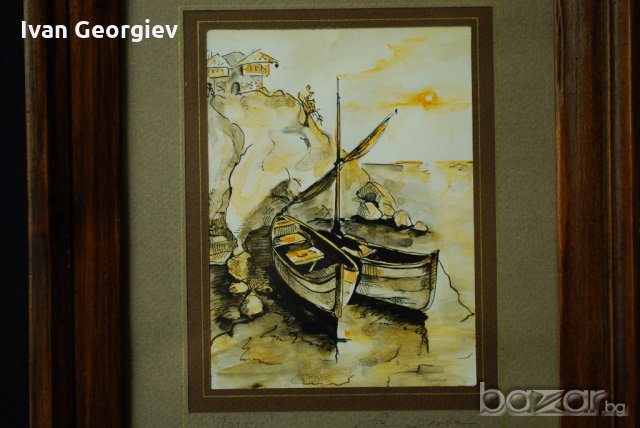 Стара картина, туш и акварел, Лодки, Р. Стайкова, снимка 2 - Картини - 21313884