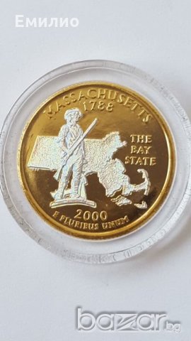 State Quarter GOLDEN PLATED 25 cents 2000-D MASSACHUSETTS 1788 UNC, снимка 3 - Нумизматика и бонистика - 19323457