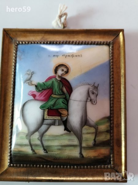 Антикварна емайлова икона/Св.Трифон/много рядка-19в., снимка 1