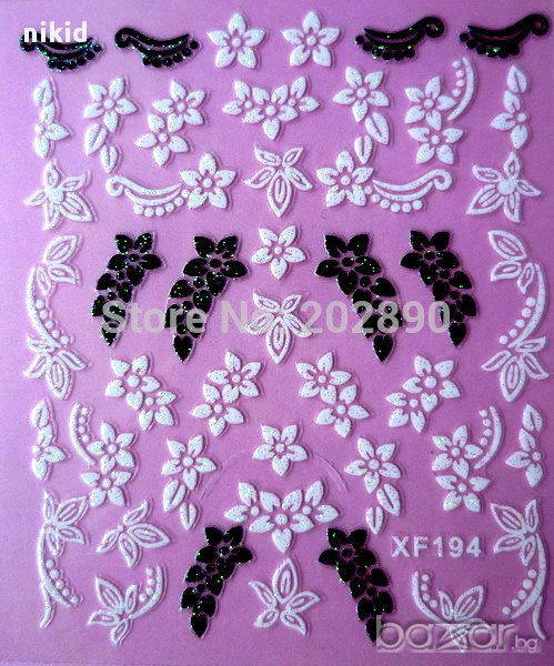 XF194 бели черни цветчета самозалепващи лепенки ваденки за нокти, снимка 1
