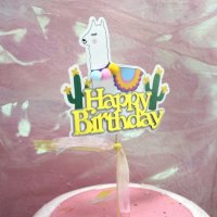 Happy Birthday Лама с панделка картонен топер на клечка украса декор за торта парти рожден ден, снимка 1 - Други - 25965946