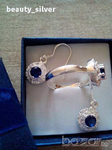 Сребърни обици и пръстен със син Цирконий Проба 925, код 0515, снимка 2 - Бижутерийни комплекти - 11206912