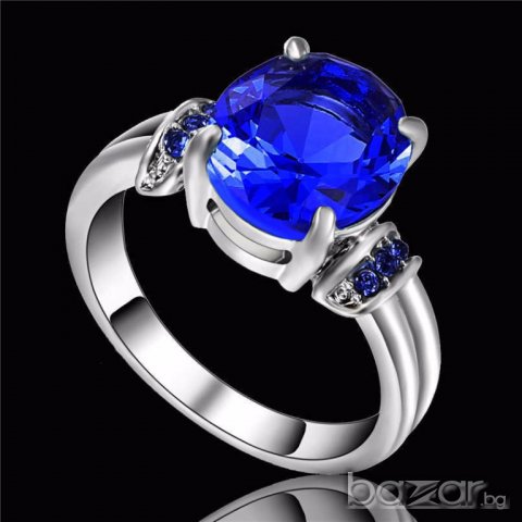 Пръстен със сини циркони, бяло родиево покритие, снимка 3 - Пръстени - 19709247