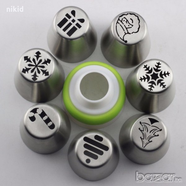 сет 7 + 1 накрайници коледни руска дюза  накрайник + адаптор за пош украса торта крем декорация, снимка 1