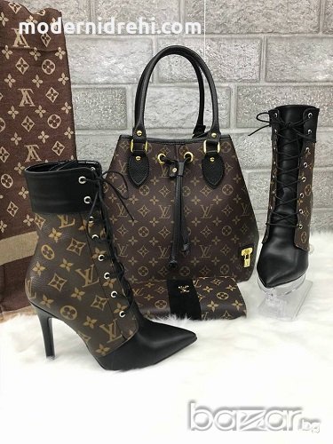 Дамски комплект боти на ток шал чанта и портмоне Louis Vuitton код40, снимка 1