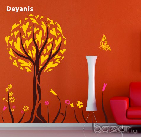 Стикер за стена - дърво, пеперуда, цветя, снимка 4 - Декорация за дома - 12072447