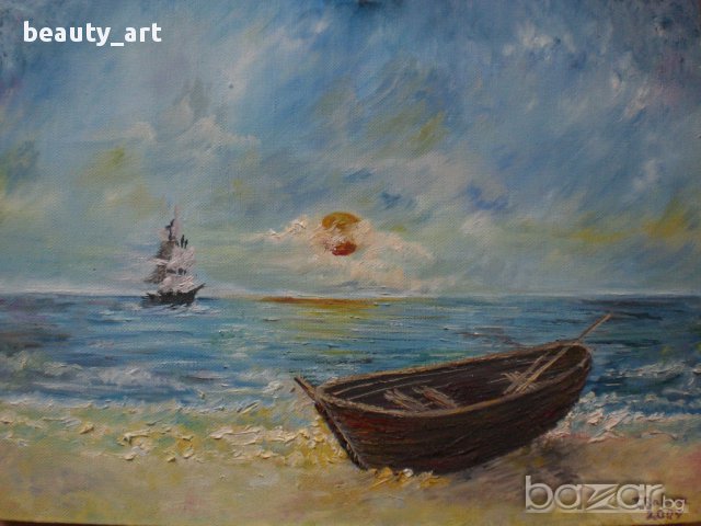 Картина с маслени бои "Морският Бряг" , снимка 4 - Гоблени - 9001604