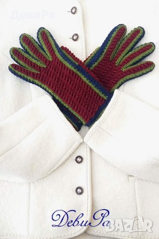 Плетени ръкавици ,,Зимни - сини с бордо горница и зелен контур", снимка 5 - Ръкавици - 24009581