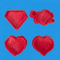 Сърце Роза Love стрела диамант 4 пластмасови релефни резци форми с бутало за тесто фондан сладки , снимка 1 - Форми - 24874370