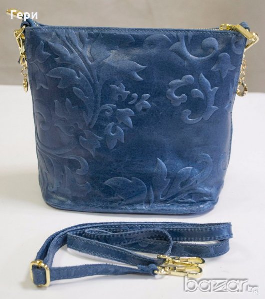 Естествена кожа, синя дамска чанта марка Giulia, снимка 1
