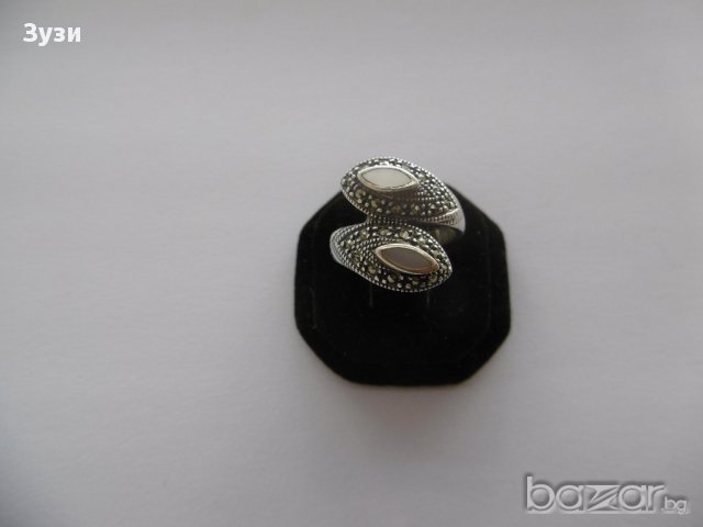 Сребърен дамски пръстен със седеф и марказити - сребро проба 925, снимка 2 - Пръстени - 15869459