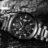 Мъжки нов луксозен моден ръчен часовник с календар от неръждаема стомана кварцов, масивен бизнес, снимка 3 - Мъжки - 20595058