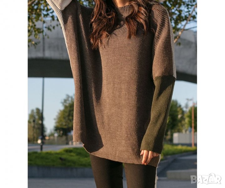 Широк пуловер в кафяво, бежово и сиво марка Fobya , снимка 1