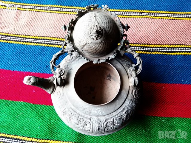 Стар редък бронз посребрен Френски Античен  чайник 1875 г. Маркиран на дъното, снимка 3 - Антикварни и старинни предмети - 25375434
