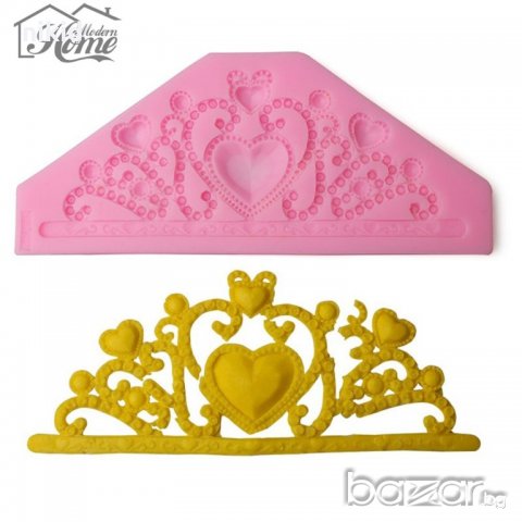 Голяма диадема корона със сърца силиконов молд  форма за украса торта фондан тесто декорация, снимка 2 - Форми - 20618909