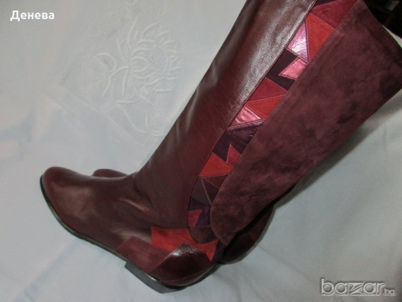 ЕСТЕСТВЕНА КОЖА италиански високи ботуши, цвят бордо, бохо стил, снимка 1