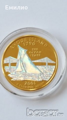 State Quarter GOLDEN PLATED 25 cents RHODE ISLAND 1790 ot 2001, снимка 5 - Нумизматика и бонистика - 19324382