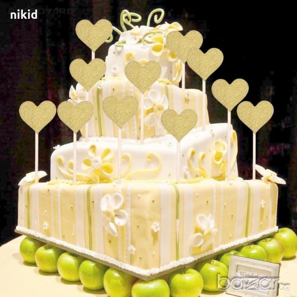 10 бр златни сърца с брокат топери украса декорация мъфини парти торта мъфини и др, снимка 1