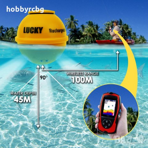 Безжичен сонар Lucky с презареждаеми батерии и цветен дисплей , снимка 8 - Стръв и захранки - 25809676