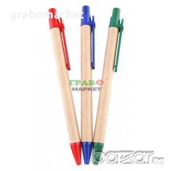 Химикал от рециклирана хартия с пластмасов клипс и удобен бутон за включване. Дължина: 14см. , снимка 1