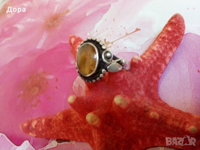 Старинен сребърен с кехлибар пръстен, снимка 2 - Пръстени - 25959004