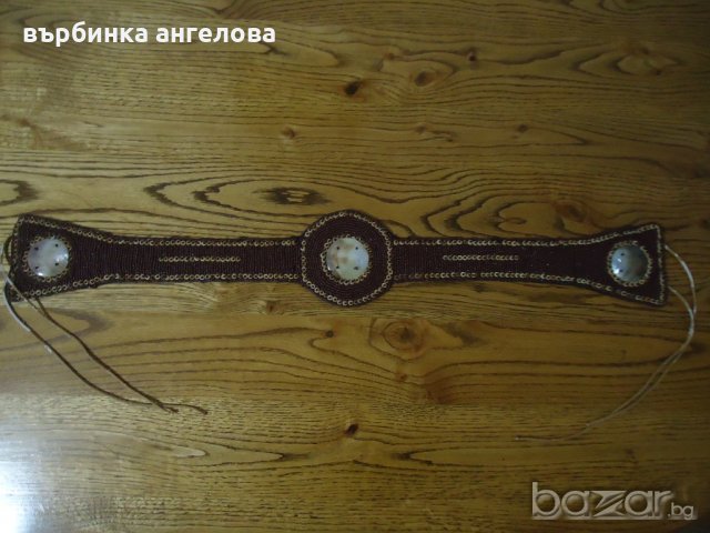 Ръчно изработен колан от седеф, стъклени мъниста и плат, снимка 2 - Антикварни и старинни предмети - 20834500