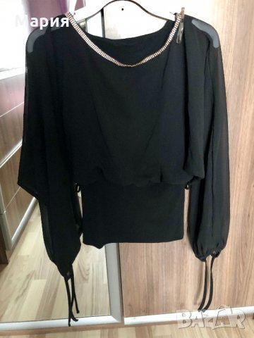Черна блуза с камъчета, снимка 2 - Блузи с дълъг ръкав и пуловери - 22910205