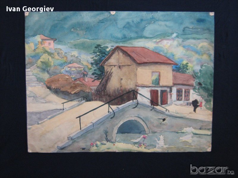 Стара картина, рисунка,акварел, стари къщи, мост, 50х38 см., снимка 1