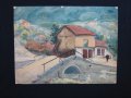 Стара картина, рисунка,акварел, стари къщи, мост, 50х38 см., снимка 1 - Антикварни и старинни предмети - 14395681