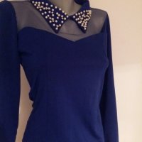  дамска блуза с перли на яката синя, снимка 3 - Блузи с дълъг ръкав и пуловери - 23366534