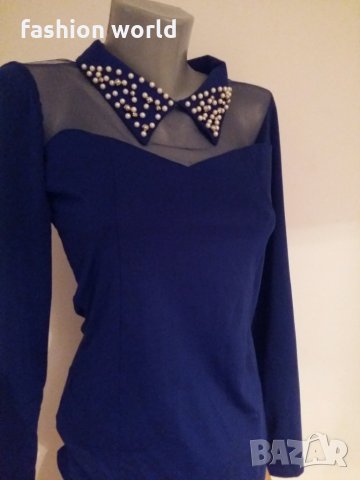  дамска блуза с перли на яката синя, снимка 3 - Блузи с дълъг ръкав и пуловери - 23366534