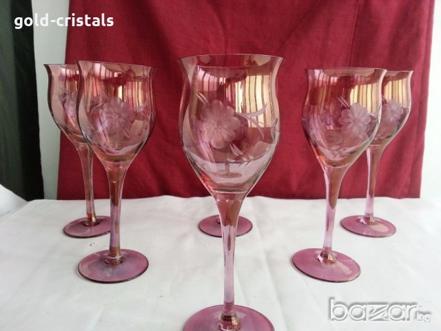  кристални чаши  цветен кристал гравиран, снимка 7 - Антикварни и старинни предмети - 20061877