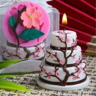 3D клонка цвете вишнев цвят с листа силиконов молд форма украса декор торта фондан шоколад, снимка 1 - Форми - 15228985