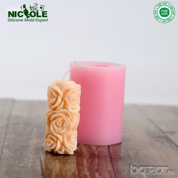 3D висок цилиндър рози свещ силиконова форма молд за украса торта фондан тесто декорация гипс сапун, снимка 1