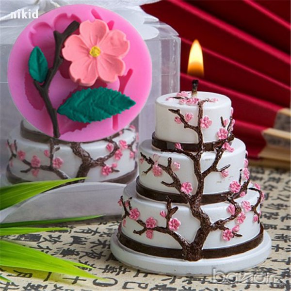 3D клонка цвете вишнев цвят с листа силиконов молд форма украса декор торта фондан шоколад, снимка 1