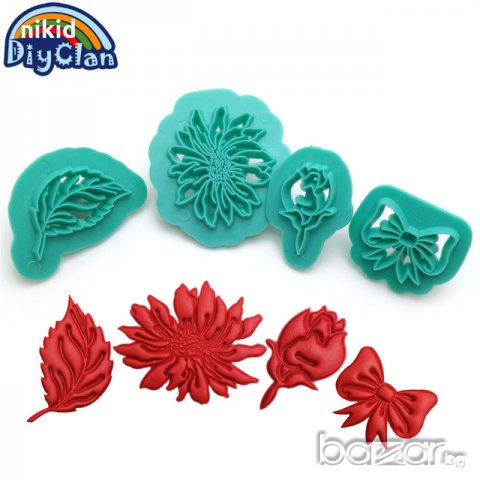 4 бр цвете роза листо панделка  печат с дръжка за декорация фондан тесто украса форми